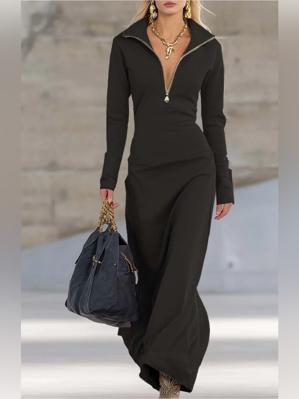 Elegant retro, sporty V-neck front zip long sleeved Maxi Dress
